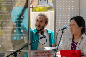 Miguel Alejandro Castillo Le Maitre and Xinan Ran in their performance platform – A Mobile Home 