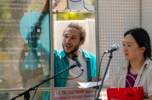 Miguel Alejandro Castillo Le Maitre and Xinan Ran in their performance platform – A Mobile Home